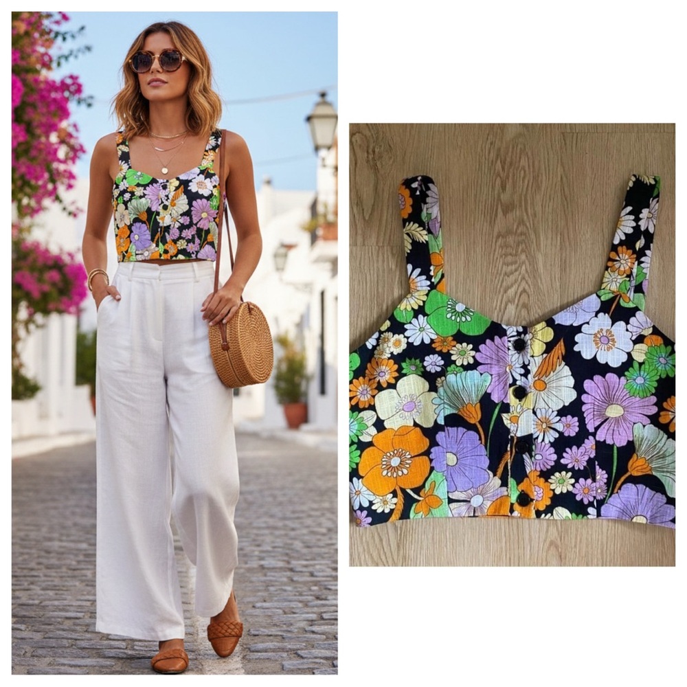 Maje NWT Floral Bustier Crop Top Psychedelic Daisy Mod Eclectic